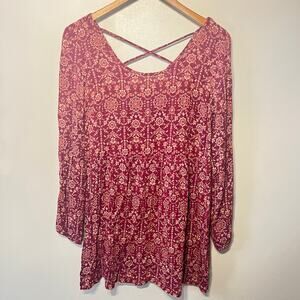 Forever 21 Smock Top Blouse Boho Cottagecore Cage Back Burgundy Floral Tunic M